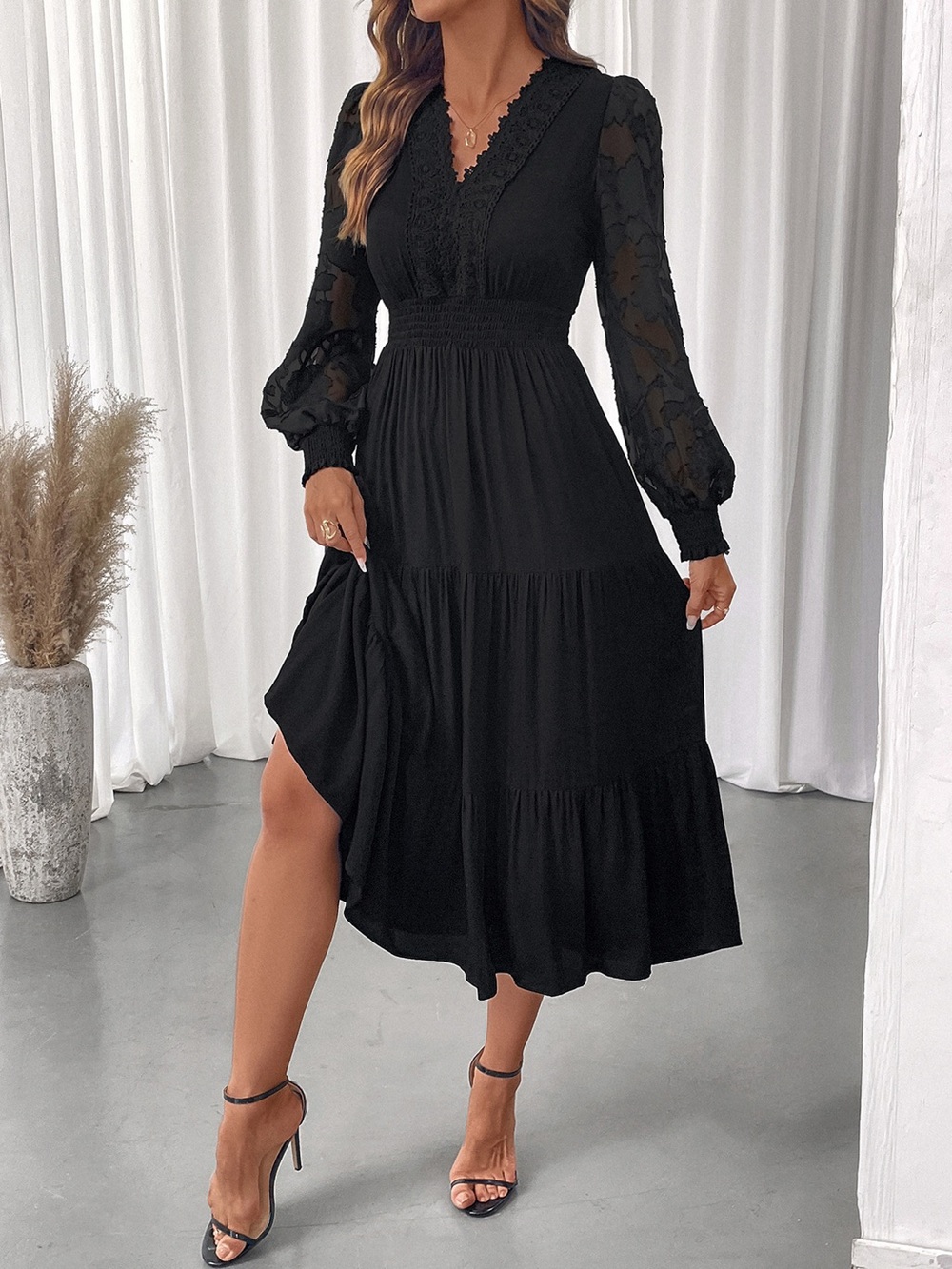Lace Detail Lantern Sleeve Tiered Dress